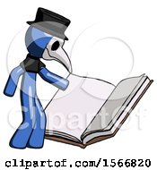 Poster, Art Print Of Blue Plague Doctor Man Reading Big Book While Standing Beside It