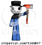 Poster, Art Print Of Blue Plague Doctor Man Holding Up Red Firefighters Ax
