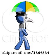 Blue Plague Doctor Man Walking With Colored Umbrella