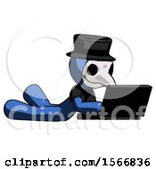 Poster, Art Print Of Blue Plague Doctor Man Using Laptop Computer While Lying On Floor Side Angled View