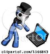 Poster, Art Print Of Blue Plague Doctor Man Throwing Laptop Computer In Frustration