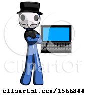 Blue Plague Doctor Man Holding Laptop Computer Presenting Something On Screen
