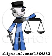 Poster, Art Print Of Blue Plague Doctor Man Justice Concept With Scales And Sword Justicia Derived