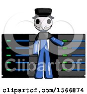 Poster, Art Print Of Blue Plague Doctor Man With Server Racks In Front Of Two Networked Systems