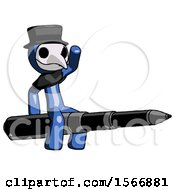 Poster, Art Print Of Blue Plague Doctor Man Riding A Pen Like A Giant Rocket