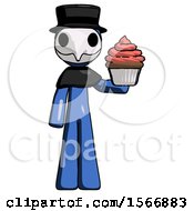 Blue Plague Doctor Man Presenting Pink Cupcake To Viewer