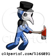 Poster, Art Print Of Blue Plague Doctor Man With Ax Hitting Striking Or Chopping