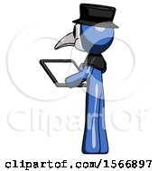 Poster, Art Print Of Blue Plague Doctor Man Looking At Tablet Device Computer With Back To Viewer