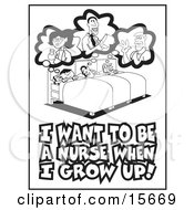 Coloring Book Page Of Three Children Dreming Of Being Doctors And Nurses While Sleeping In Hospital Beds Clipart Illustration