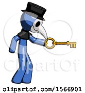 Poster, Art Print Of Blue Plague Doctor Man With Big Key Of Gold Opening Something