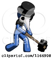 Poster, Art Print Of Blue Plague Doctor Man Hitting With Sledgehammer Or Smashing Something At Angle
