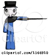 Poster, Art Print Of Blue Plague Doctor Man Standing With Ninja Sword Katana Pointing Right