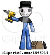 Poster, Art Print Of Blue Plague Doctor Man Holding Drill Ready To Work Toolchest And Tools To Right