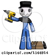 Blue Plague Doctor Man Holding Drill Ready To Work Toolchest And Tools To Right