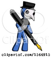 Blue Plague Doctor Man Drawing Or Writing With Large Calligraphy Pen