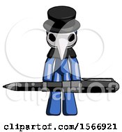 Poster, Art Print Of Blue Plague Doctor Man Weightlifting A Giant Pen