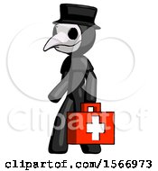 Black Plague Doctor Man Walking With Medical Aid Briefcase To Left