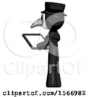 Poster, Art Print Of Black Plague Doctor Man Looking At Tablet Device Computer With Back To Viewer