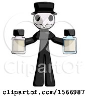 Black Plague Doctor Man Holding Two Medicine Bottles