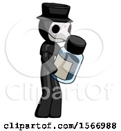Black Plague Doctor Man Holding Glass Medicine Bottle