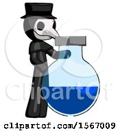 Black Plague Doctor Man Standing Beside Large Round Flask Or Beaker