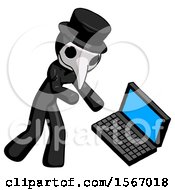 Poster, Art Print Of Black Plague Doctor Man Throwing Laptop Computer In Frustration