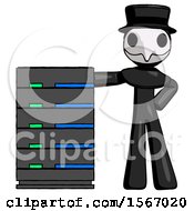 Poster, Art Print Of Black Plague Doctor Man With Server Rack Leaning Confidently Against It
