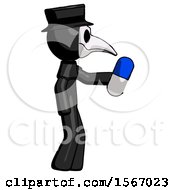 Black Plague Doctor Man Holding Blue Pill Walking To Right