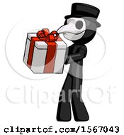 Poster, Art Print Of Black Plague Doctor Man Presenting A Present With Large Red Bow On It