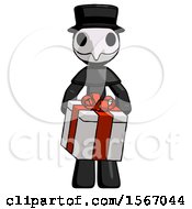 Poster, Art Print Of Black Plague Doctor Man Gifting Present With Large Bow Front View