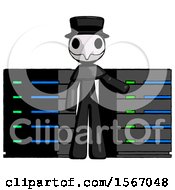 Poster, Art Print Of Black Plague Doctor Man With Server Racks In Front Of Two Networked Systems