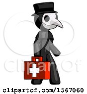 Black Plague Doctor Man Walking With Medical Aid Briefcase To Right