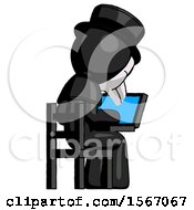 Poster, Art Print Of Black Plague Doctor Man Using Laptop Computer While Sitting In Chair View From Back