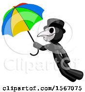 Black Plague Doctor Man Flying With Rainbow Colored Umbrella