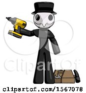 Poster, Art Print Of Black Plague Doctor Man Holding Drill Ready To Work Toolchest And Tools To Right