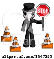 Poster, Art Print Of Black Plague Doctor Man Holding Stop Sign By Traffic Cones Under Construction Concept
