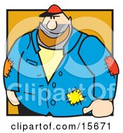 Big Male Mechanic In A Blue Shirt With Different Colored Patches