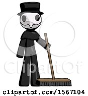 Black Plague Doctor Man Standing With Industrial Broom