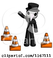 Poster, Art Print Of Black Plague Doctor Man Standing By Traffic Cones Waving