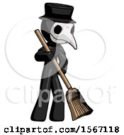 Poster, Art Print Of Black Plague Doctor Man Sweeping Area With Broom