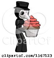 Poster, Art Print Of Black Plague Doctor Man Holding Large Cupcake Ready To Eat Or Serve