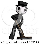 Poster, Art Print Of Black Plague Doctor Man Cleaning Services Janitor Sweeping Floor With Push Broom