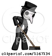 Poster, Art Print Of Black Plague Doctor Man Cleaning Services Janitor Sweeping Side View