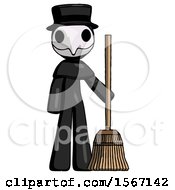 Black Plague Doctor Man Standing With Broom Cleaning Services