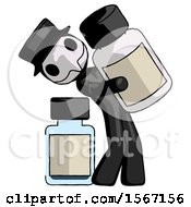 Black Plague Doctor Man Holding Large White Medicine Bottle With Bottle In Background