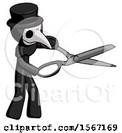 Poster, Art Print Of Black Plague Doctor Man Holding Giant Scissors Cutting Out Something