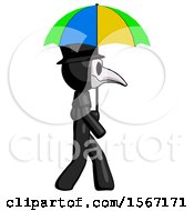Black Plague Doctor Man Walking With Colored Umbrella