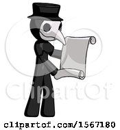 Black Plague Doctor Man Holding Blueprints Or Scroll