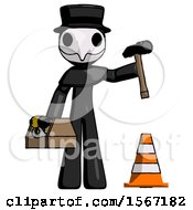 Poster, Art Print Of Black Plague Doctor Man Under Construction Concept Traffic Cone And Tools
