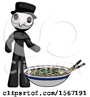 Black Plague Doctor Man And Noodle Bowl Giant Soup Restaraunt Concept